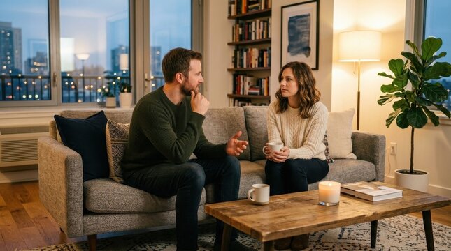 Man and woman talking earnestly while sitting on opposite ends of a stylish sofa, modern apartment background, relaxed evening