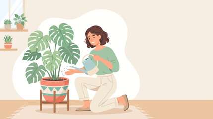 Woman tending multiple potted houseplants in a cozy, sunlit indoor gardening scene. © Kyle