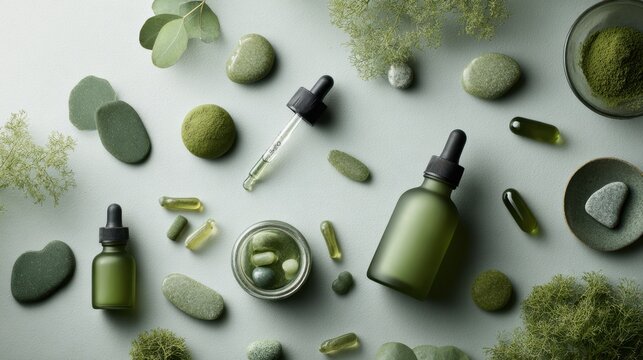 Natural green skin care flatlay with dropper bottles capsules and botanical powder for wellness packaging and cosmetic design background