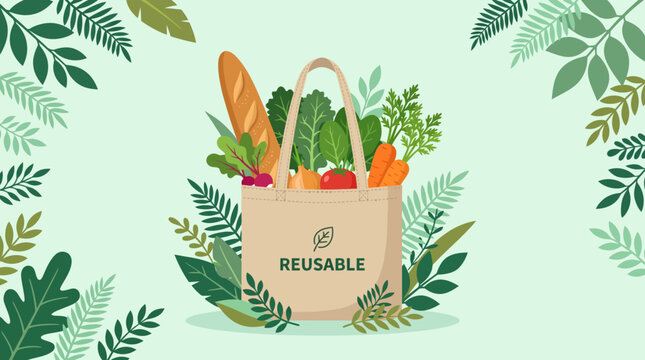 Eco friendly reusable tote bag with fresh fruits and vegetables and lush greenery.