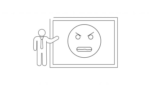 Man Presenting Angry Emoji on Whiteboard Business Meeting Concept.