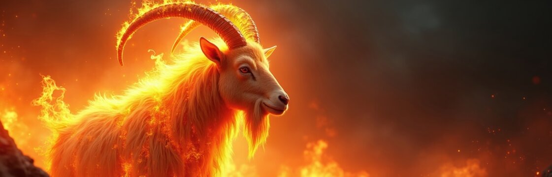 Fiery goat with large horns stands surrounded by intense flames. Its body emits a bright glow. This powerful creature looks fierce. Dark background contrasts with the animal. High-quality digital art.