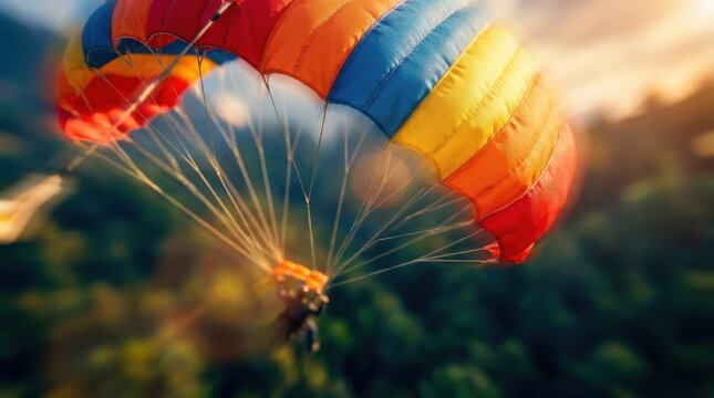 Close-up of a single colorful parachute descending toward a forest canopy with realistic motion blur and cinematic lens flares for