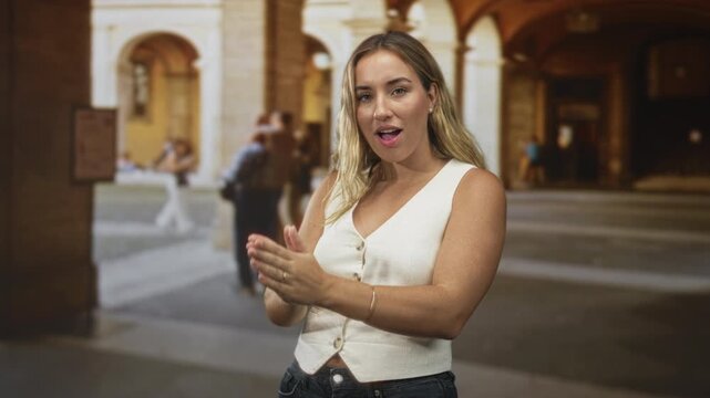 Young blonde woman clapping hands inside a historic arcade building, open mouth and expressive gaze toward camera; surprised curiosity.