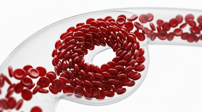 Macro shot of red blood cells forming an elegant circular wave pattern in a minimalist artery on a white background. The cells are