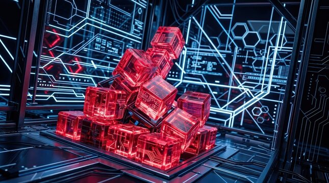 Red glowing crystal blocks for technology abstract and digital innovation, neon geometry for modern virtual data design, high