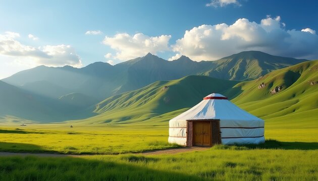 Traditional Mongolian ger stands on green steppe. Rolling hills and mountains rise behind. Sunny day with blue sky and clouds. Nomadic life scene.