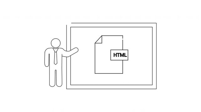 Man presenting HTML file on a whiteboard, digital learning concept.
