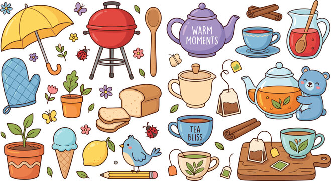 Cozy Home and Tea Time Collection with Kitchen Objects Plants and Cute Illustration Set