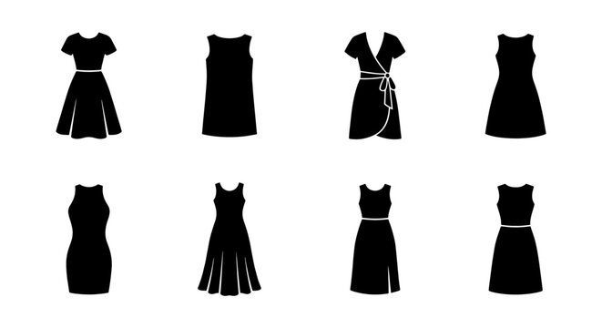 Black Dresses Vector Icons, Fashion Silhouettes, Elegant Apparel Styles