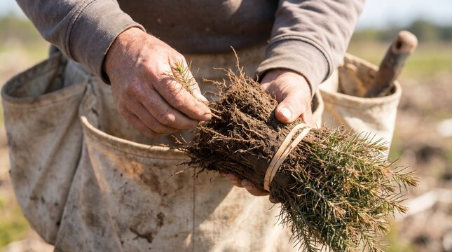 Farmer hands holding bare root pine tree seedlings ready for planting