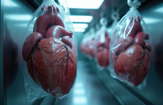 Rows of human hearts in plastic bags hang in medical cold storage. Organ donation for transplant surgery offers hope for life. These hearts await medical procedures.