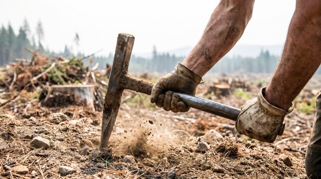 Forester hands swinging pickaxe to dig soil in deforested area