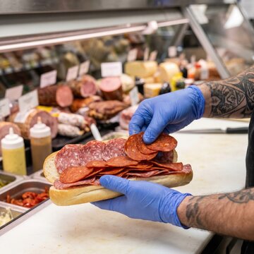 Worker hands in blue gloves adding salami slices to sandwich at deli counter