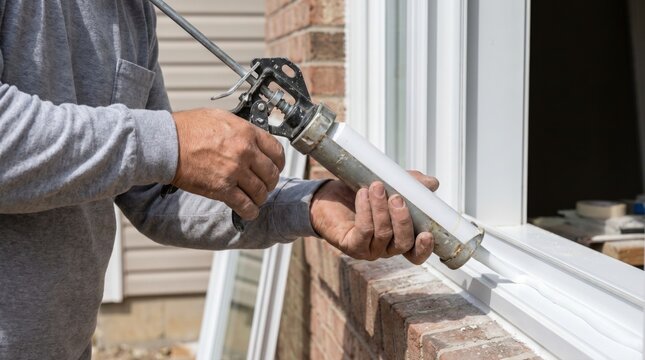Construction worker hands using caulking gun to seal window frame outdoors