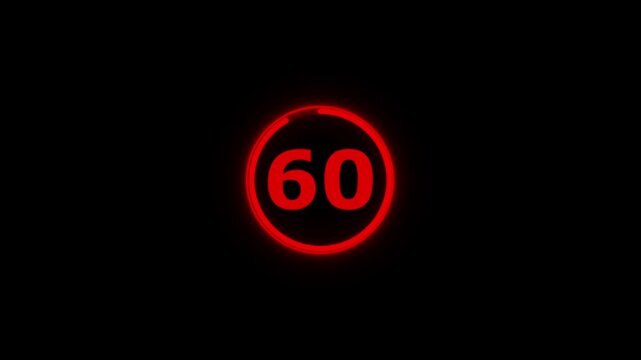 Circle countdown timer animation from 65 to 0 second animation on black background with alpha channel, 65 second countdown timer, special offers on promotional materials. Countdown video 4k video
