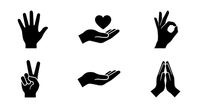 Hand Gestures Icons Set: Open Palm, Heart Care, OK Sign, Peace, Giving, Praying