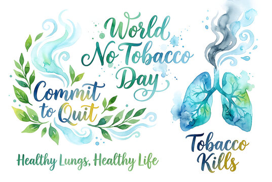 World no tobacco day watercolor art with lungs commit to quit text.