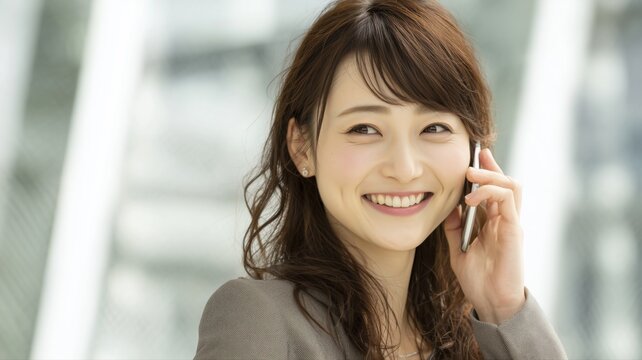 笑顔でスマートフォンを使う女性のビジネスシーン。オフィスや広告に適したイメージ素材。