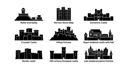 Obraz premium Medieval Castle Types Collection, European Fortifications, Historic Architecture Icons