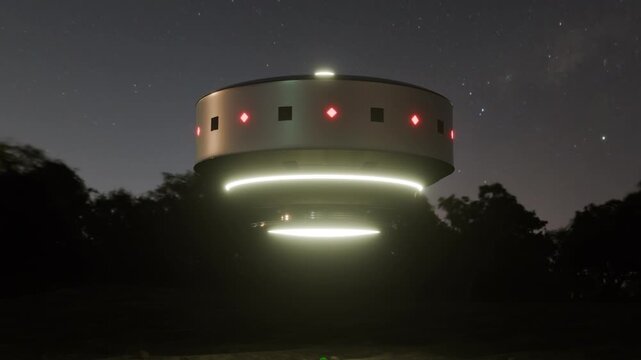 3D animation of a UFO, UAP concept from the 1987 Golf Breeze, Florida incident. The flying object hovers above the ground and then flies off into the stars.