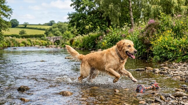 Dog playing by a river in the scenic countryside, happy pet in a natural outdoor setting, summer activity and companion animal concept with strong commercial appeal, flowing water and greenery, soft