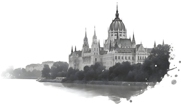 Transparent illustration of historic cathedral on riverbank