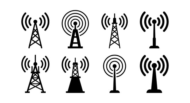 Communication Towers Icons, Wireless Signal Antennas, Radio Broadcast Towers, Network Infrastructure