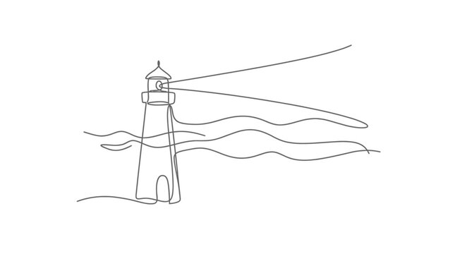 Lighthouse Emitting Light Beams in Ocean Waves, Continuous Line Drawing Isolated on White
