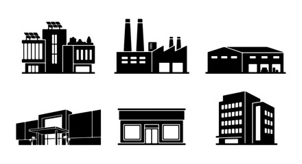 Obraz premium Industrial Buildings Collection, Modern Factory Icons, Commercial Architecture Set, Business Structures