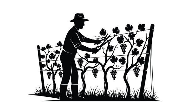 Farmer pruning grape vines with shears in a vineyard black silhouette high quality professional detailed modern elegant stylish clean crisp vibrant colorful digital creative