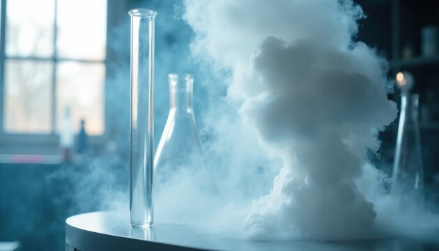 Glass test tubes and flasks in lab with white vapor cloud rising. Scientific research and chemical experiment in progress. Blue toned scene with soft light.