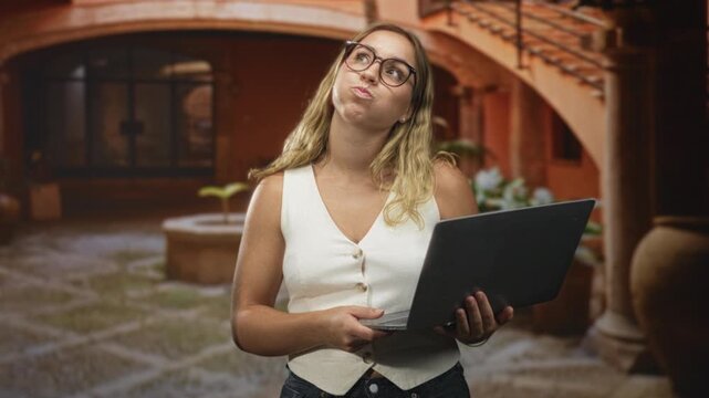 Woman holding laptop with pursed lips and puffed cheeks in a terracotta courtyard; puzzlement curiosity.