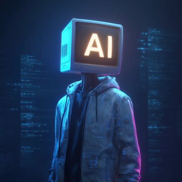 テレビ画面の頭部を持つ人物が立っている。未来的な都市背景でAIやテクノロジー関連のイメージに適したビジュアル