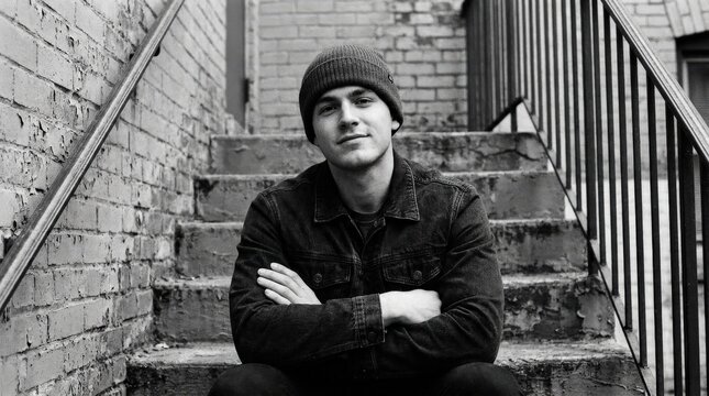 Young man posing on stairs with arms crossed, black and white portrait with confident attitude and urban character, grainy analog style, realistic detail, no logos