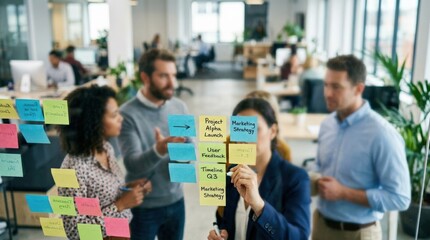 Obraz premium Blurred office team brainstorming with sticky notes, modern business meeting and collaboration concept, creative project planning in workplace, coworkers discussing ideas, shallow depth of field,