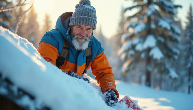 Elderly man with beard cleans snow from house roof using shovel. Winter work, cold weather outdoor activity, home upkeep, man wears warm hat and jacket.