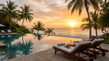 Fototapeta premium Luxury infinity pool at tropical resort during golden sunset with palm trees and ocean view