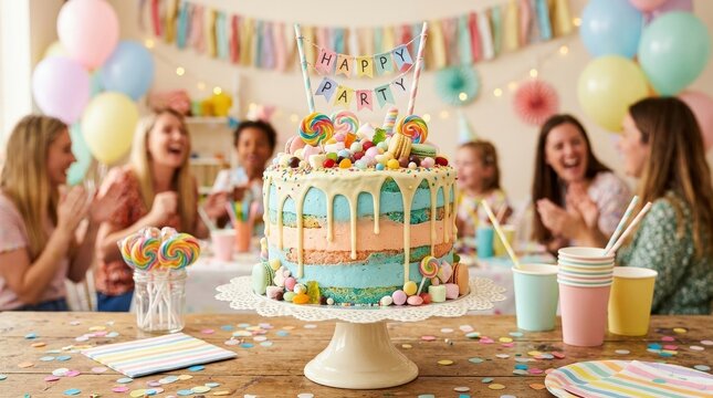 Pastel cake with blue and peach layers dripping icing and colorful candy, playful nostalgic dessert concept with cheerful party mood and bright styling, realistic detail, no logos