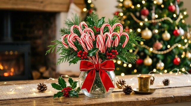 Christmas candy cane arrangement with red ribbon and holly, festive holiday decoration, seasonal still life with bright colors and soft light, no logos