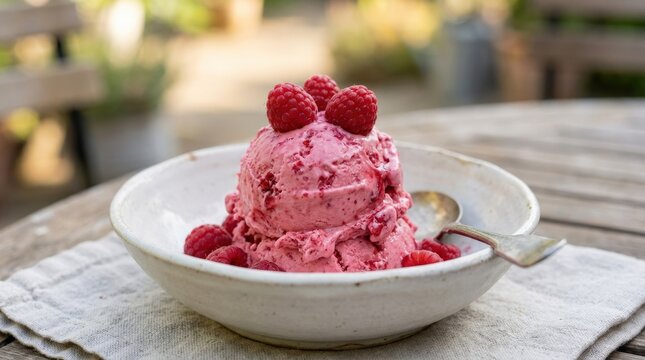 Raspberry ice cream with fresh raspberries in a soft focus background, creamy frozen dessert with bright berry color and refreshing appeal, soft light, realistic food detail, no logos