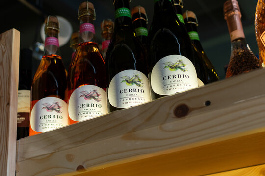 Bottles of Cerbio Lambrusco dell'Emilia white and rose sweet sparkling wine on a wooden shelf in a liquor store or wine boutique with warm lighting. Ukraine, Zhytomyr, May 05, 2026