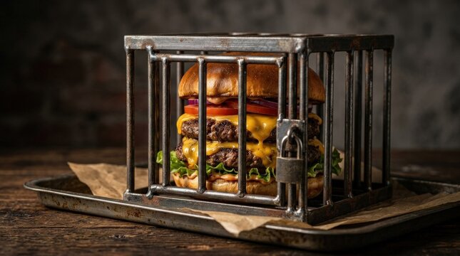 Double cheeseburger secured in a metal cage, bold conceptual fast food image with dramatic presentation and rich texture, realistic detail, no logos