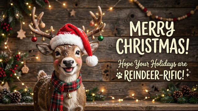 Funny reindeer wearing Santa hat on wood background, playful Christmas greeting card concept with copy space, warm rustic holiday mood, realistic detail, no logos