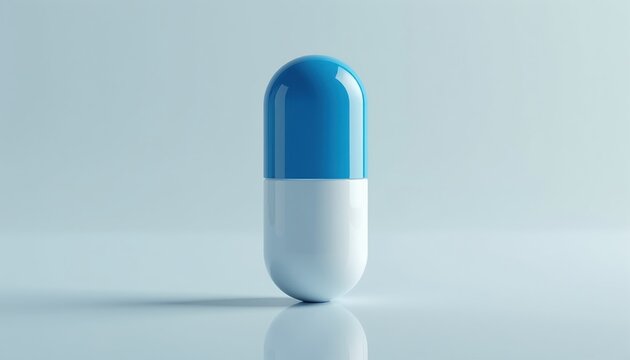 Glossy blue and white capsule pill isolated on light blue background. Medical drug for health care. Single dosage, pain relief, vitamin supplement. Pharmaceutical concept.