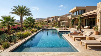 Fototapeta premium Luxury swimming pool and tropical garden in modern holiday resort villa, poolside landscape design and desert architecture aesthetic, sunlit vacation scene, no logos