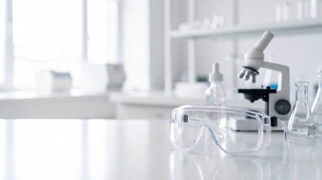Protective safety glasses and microscope on white laboratory table