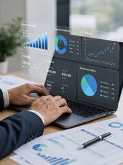 Businessman analyzing financial dashboard, profitability, cash flow, revenue by product, expenses © Pakpong