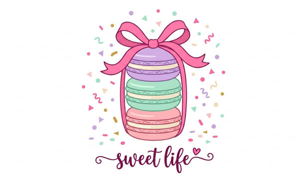 Colorful stacked macarons with pink ribbon bow vector illustration festive sweet life dessert design
