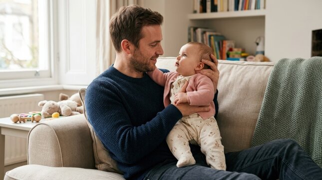 Father with his baby daughter, tender parenting moment with loving eye contact and gentle embrace, family bond, care and early childhood concept, cozy home setting, natural light, authentic emotion,